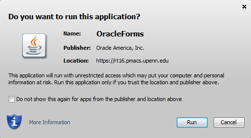 Run application warning