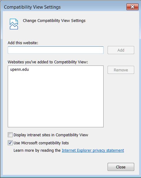 Compatibility View Settings Window