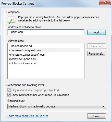Pop Up Blocker Settings